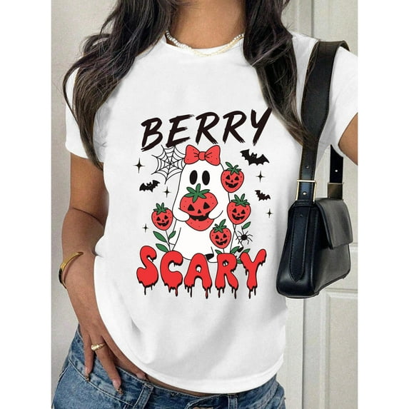 Berry Scary T-Shirt Graphic Tee Halloween Top Adorable Ghost Strawberry Pumpkin Casual White S-5XL