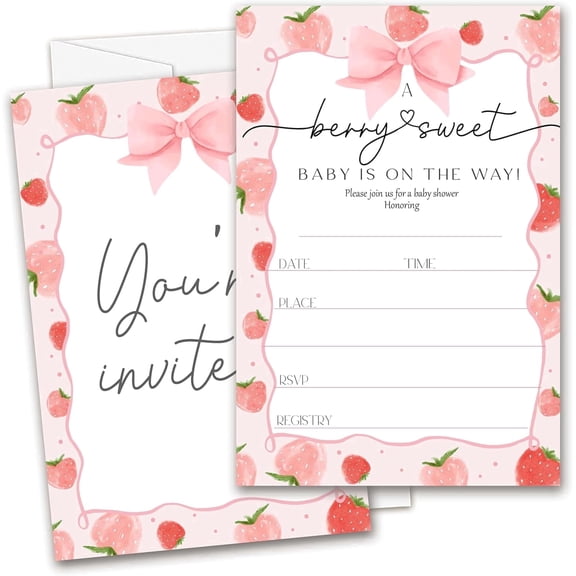 Tooumuba Berry Sweet Baby Shower Invitations for Girl Strawberry Pink Bow 4x6-in Printed Invite Cards, 25 with Envelopes, YQK04