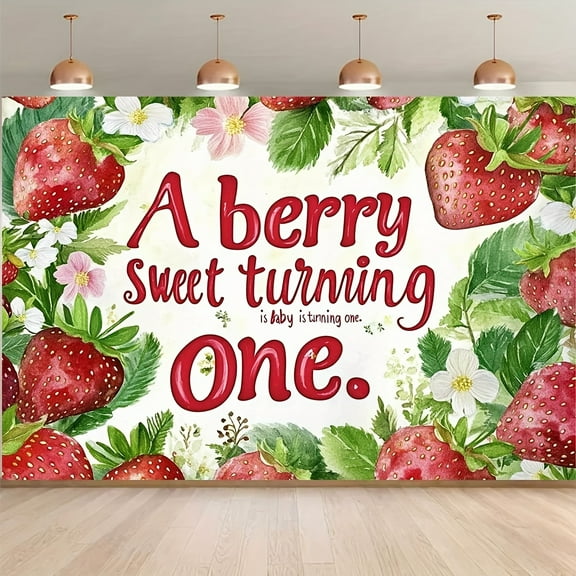 A Berry Sweet is Turning One Birthday Backdrop Strawberry 1st Birthday Photography Background for Girl Red Green Berry First Birthday Party Decorations Banner