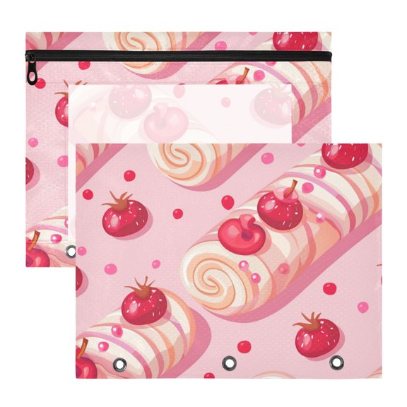 Berry Swiss Rolls Cartoon 3-Ring Binder Pouches A4 Size Zipper Pocket File Storage 2 Packs