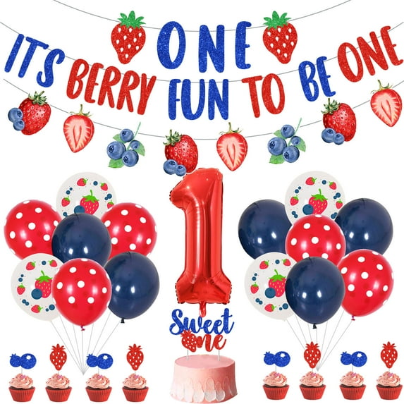 Berry Themed 1st Birthday Party Decorations for Girls, It’s Berry Fun To Be ONE Banner Strawberry Blueberry Balloons Sweet One Cake Cupcake Toppers, Fruit First Birthday Party Supplies