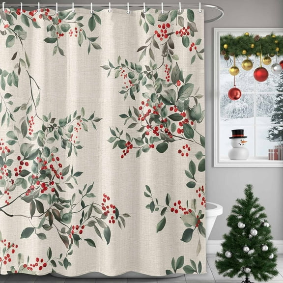 Berry Watercolor Leaf Shower Curtains for Bathroom, Christmas Winter Xmas Waterproof Fabric Shower Curtain for Bathroom Bathtub Decoration, Machine Washable, 60"x72"