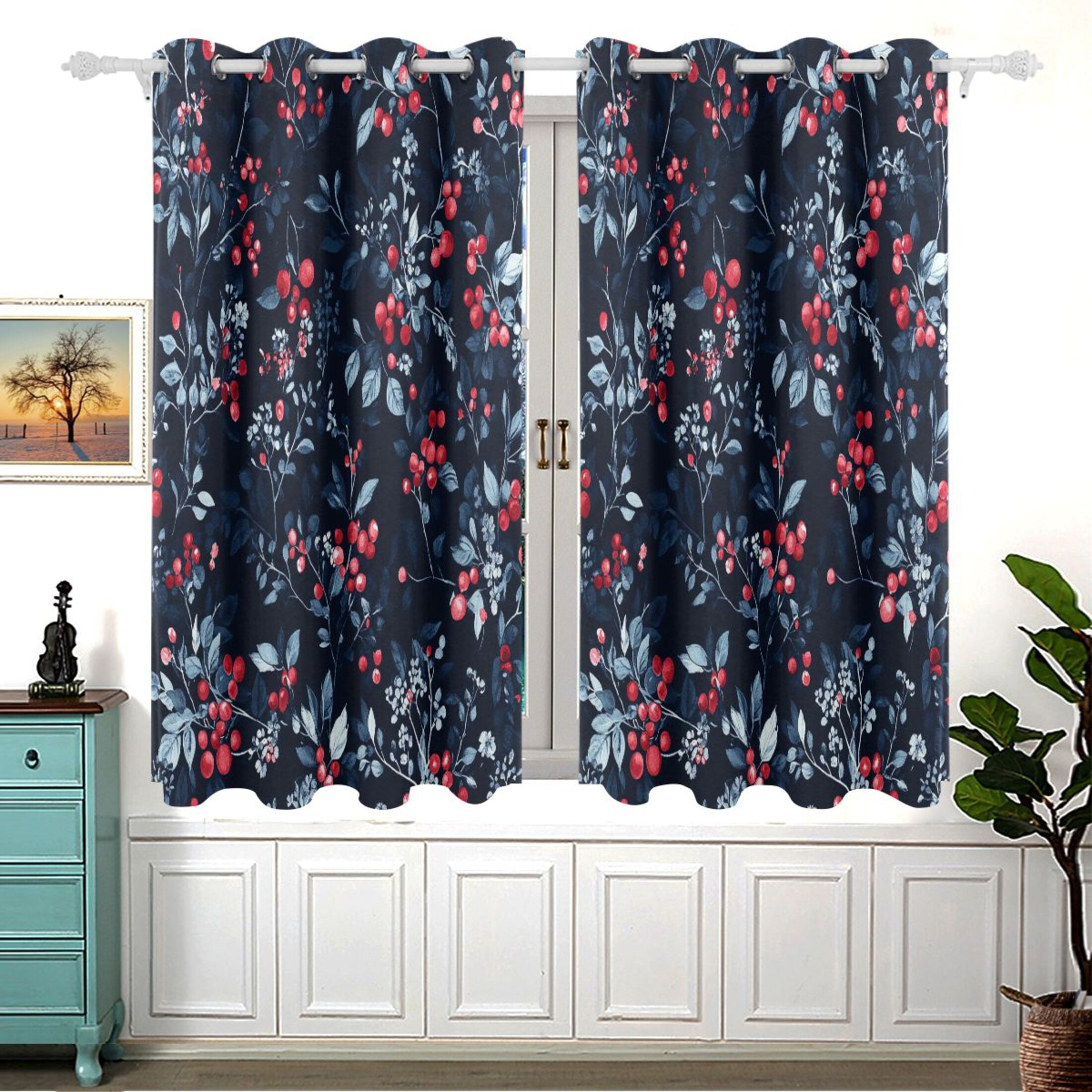 Berry and Leaf Blackout Curtains for Living Room Bedroom 55W x 54L Insulated Window Drapes 2 Panels