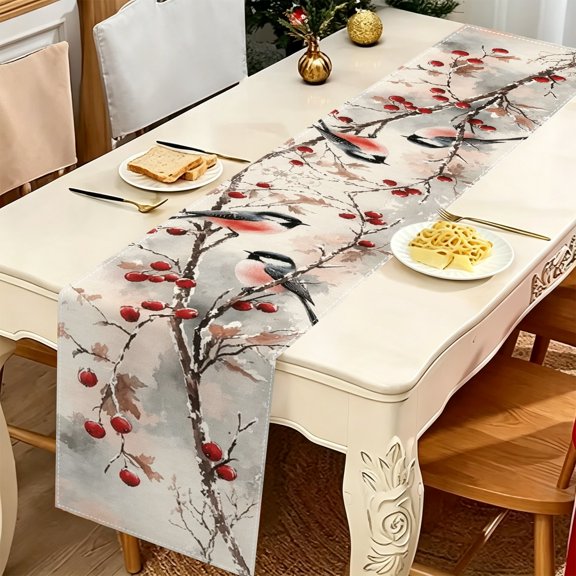 Berry‑twig Bare Twig Winter Berry Print Polyester Table Runner, 13x48/13x70/13x108 inch, Coffee & Buffet Table Decor
