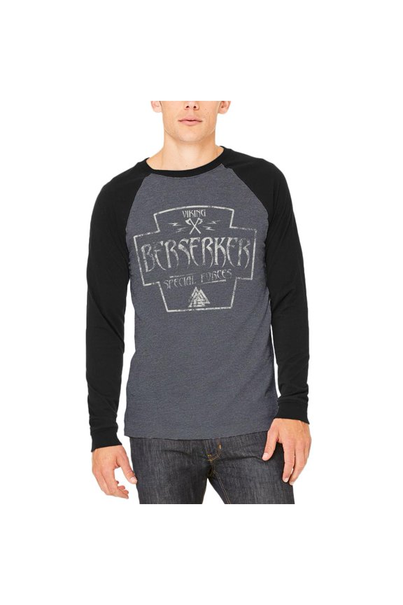 Berserker Viking Special Forces Retro Adult Long Sleeve Raglan T-Shirt Heather Black-Black SM