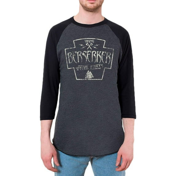Berserker Viking Special Forces Retro Vintage Mens Raglan T Shirt Heather Black-Black 2XL