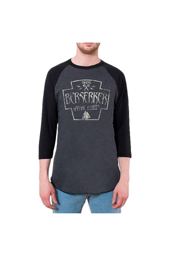 Berserker Viking Special Forces Retro Vintage Mens Raglan T Shirt Heather Black-Black 2XL