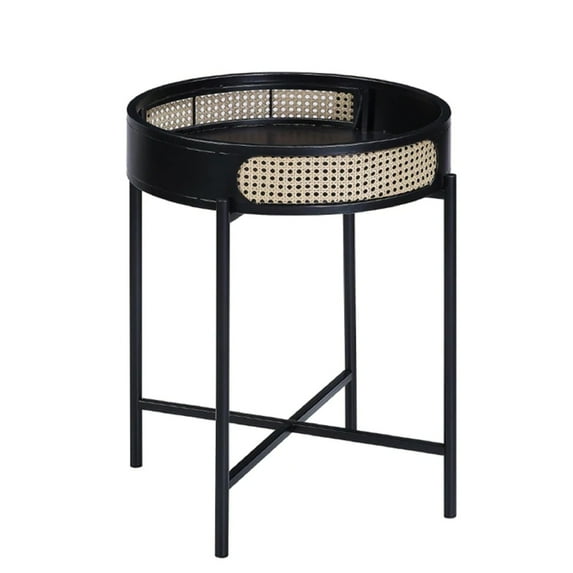 Bert 24 Inch Round End Table Rattan Apron Accent Metal Legs Black - Saltoro Sherpi