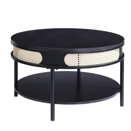 Bert 32 Inch Round Coffee Table Rattan Apron Accent Metal Legs Black