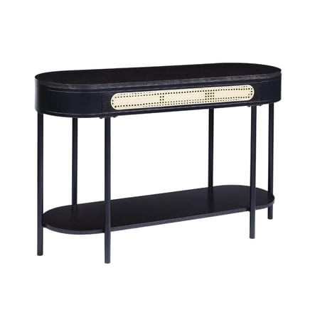 Bert 47 Inch Oblong Console Table Rattan Apron Accent Metal Legs Black