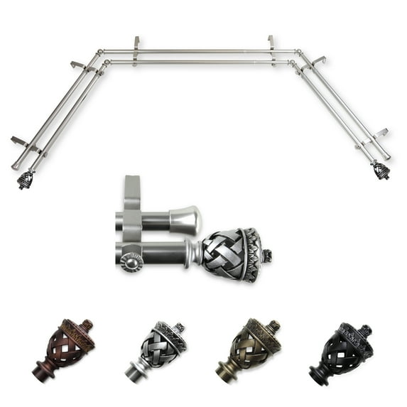 Berta 13/16" Bay Window Double Curtain Rod 20"-36", 38"-72" - Satin Nickel