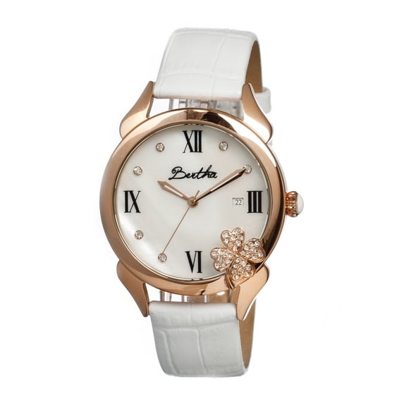 Bertha Clover Mop Leather-Band Ladies Watch - Rose Gold/White