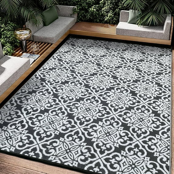 BERTHMEER 5'x8' Plastic Outdoor Rugs on Sale Clearance Patio Rugs Waterproof Straw Rugs, Camping Rugs, Porch, Balcony, Deck, Pool Rugs, Black & White