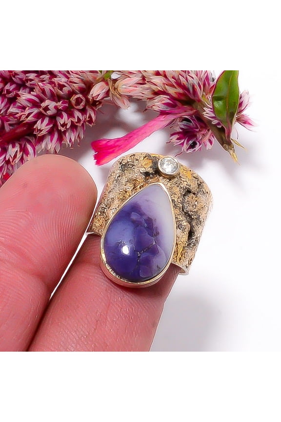 Bertrandite - Tiffany Stone - Utah & White Topaz Two Tone Designer 925 Sterling Silver Ring s.7 Sku1, Purple Ring, Natural Gemstone Ring