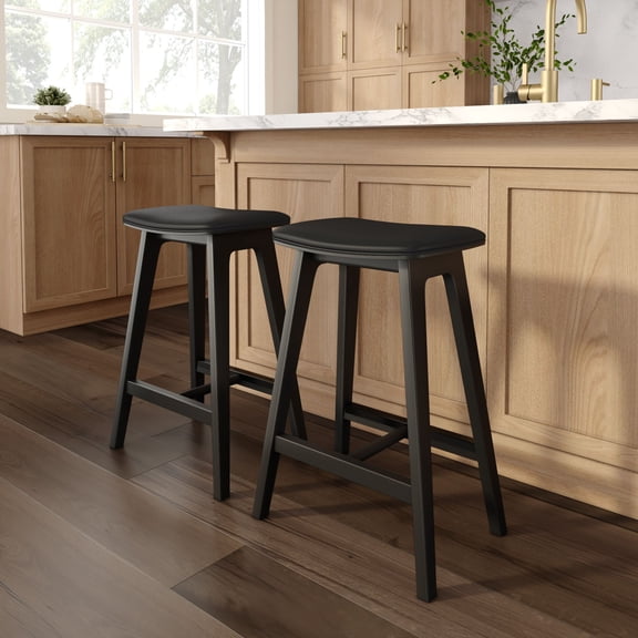 Beryl Upholstered Counter Height Stool (24in) - 2 pack, Black/Black PU Leather