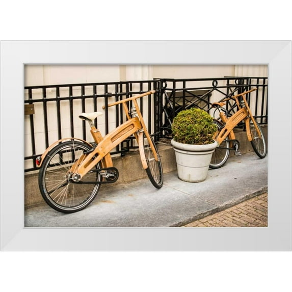 Berzel, Erin 18x13 White Modern Wood Framed Museum Art Print Titled - Wooden Bicycles in Amsterdam