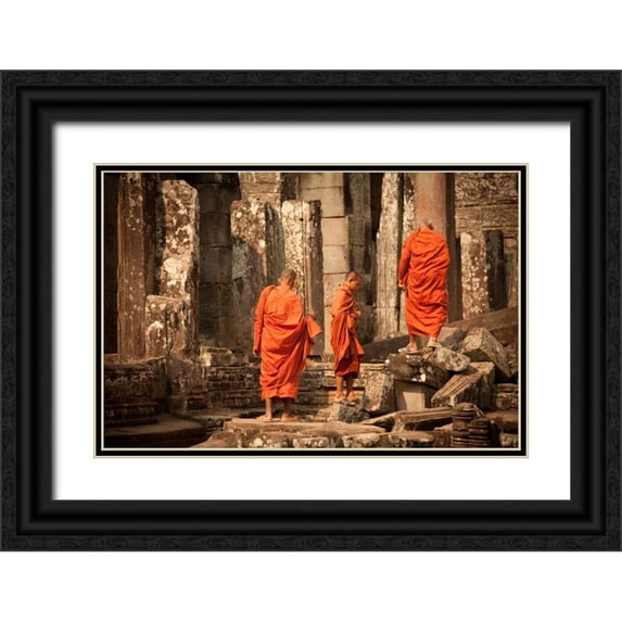 Berzel, Erin 24x17 Black Ornate Wood Framed with Double Matting Museum Art Print Titled - Monks at Bayon