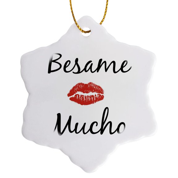 3drose, Besame Mucho Kiss Me in Spanish Picture of Red Lips on White Back, 3 inch Snowflake Porcelain Ornament
