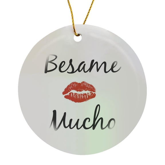 3drose, Besame Mucho Kiss Me in Spanish Picture of Red Lips on White Back, Circle Porcelain Ornament