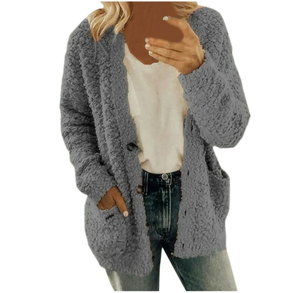 Bescita Women Casual Plus Size Plush Sweater Pockets Outerwear Buttons Cardigan Coat
