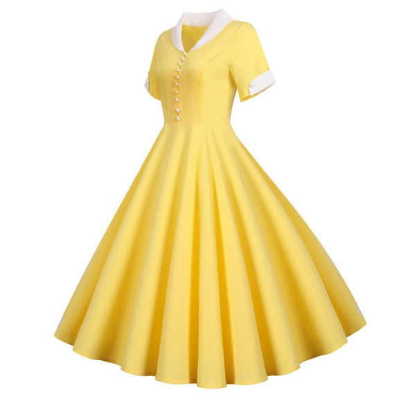 Bescita Women Dress 1950s Retro Dress Short Sleeve Vintage Swing Dress