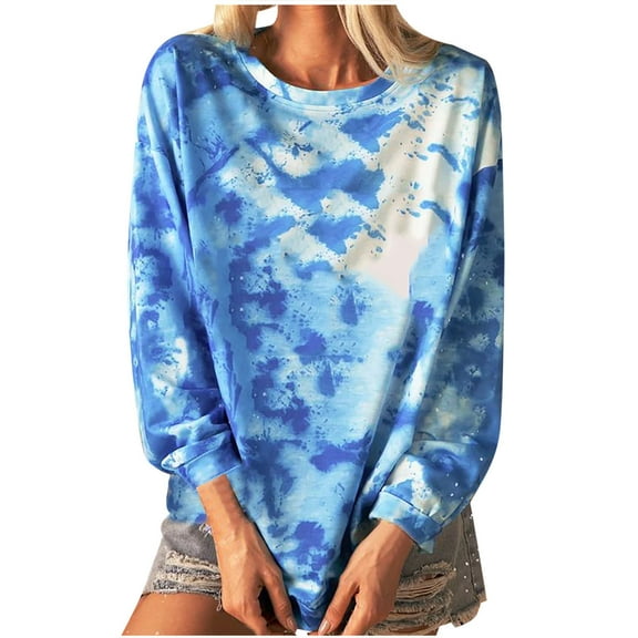 EQWLJWE Women Plus Size Long Sleeve Tie-dye Print Sweatshirt V-neck Pullover Tops Shirt