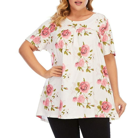 Bescita Women Printing Casual Short Sleeve O-Neck Large Size Pleated T-Shirt Blouse Tops