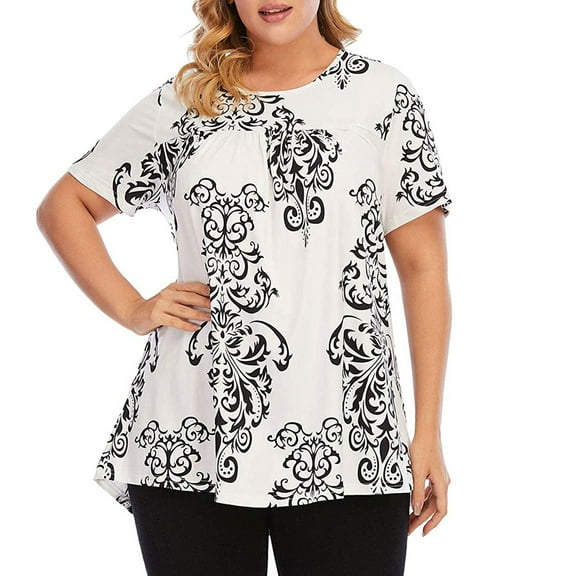 Bescita Women Printing Casual Short Sleeve O-Neck Large Size Pleated T-Shirt Blouse Tops