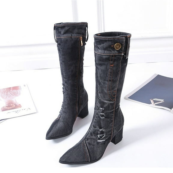 Bescita Women Shoes Buttons Denim Pointed Tip Mid-heeled Thick Heel High Boots