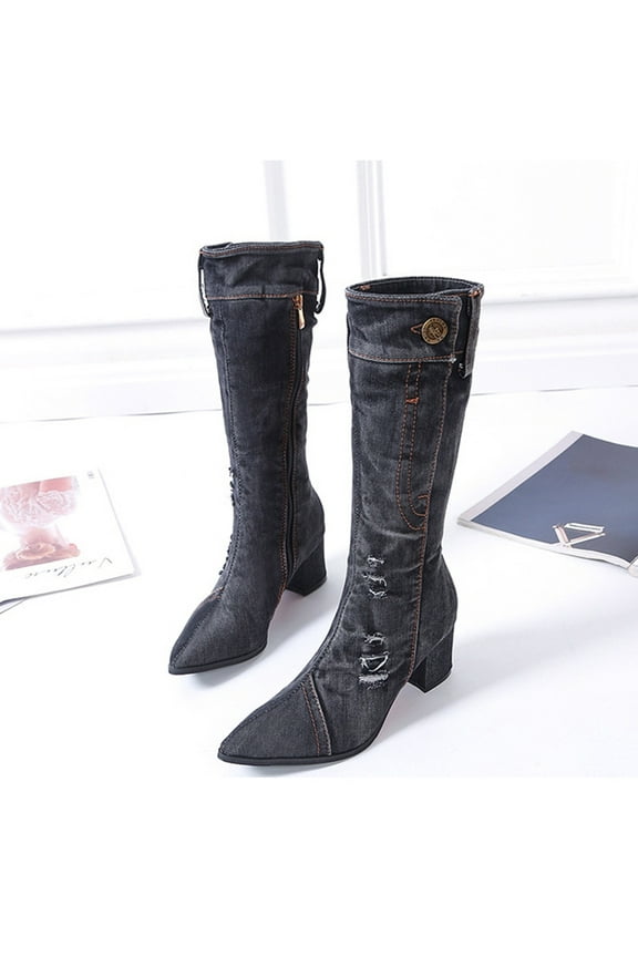 Women Shoes Buttons Denim Pointed Tip Mid-heeled Thick Heel High Boots