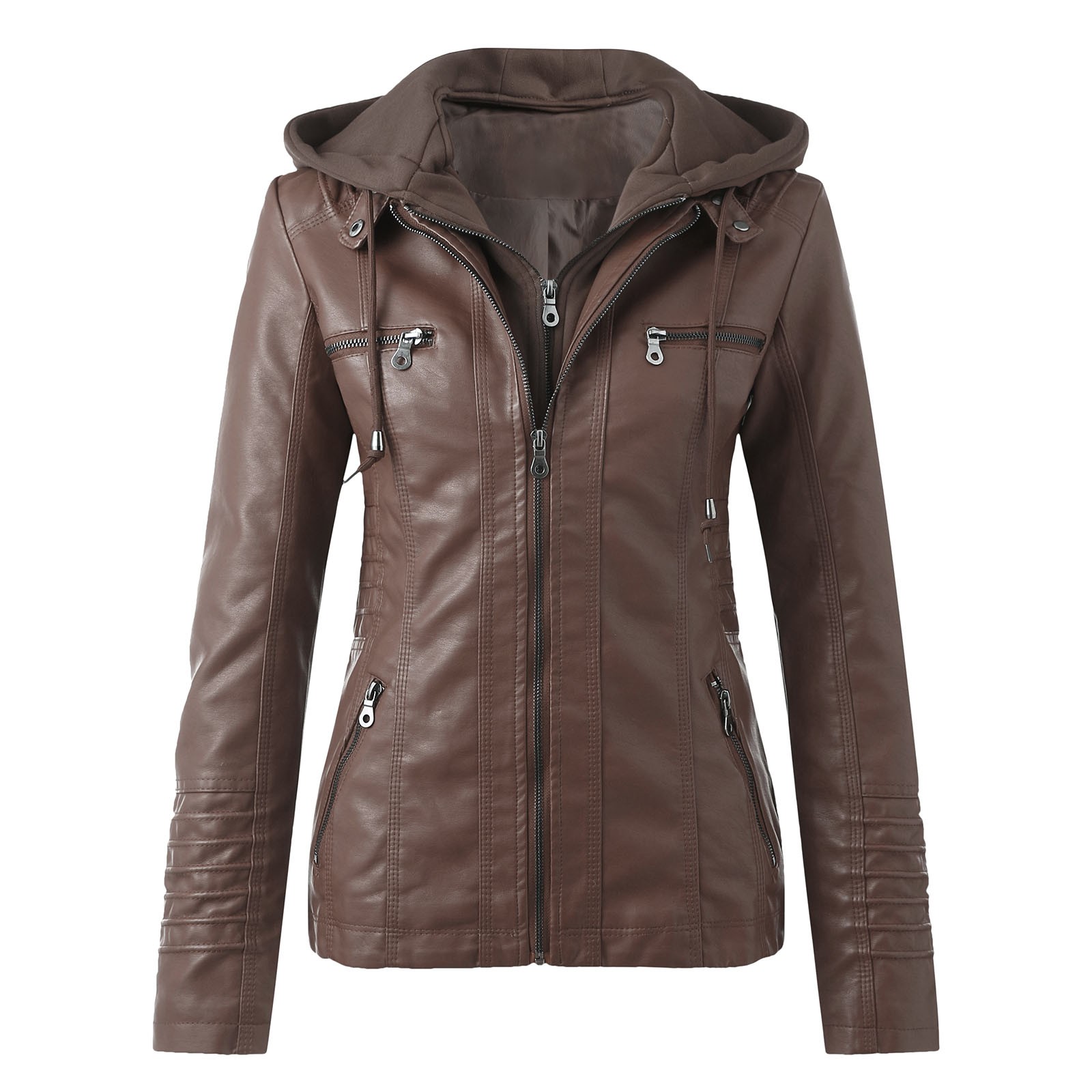 Bescita Women's Slim Leather Stand Collar Zip Motorcycle Suit Belt Coat Jacket Tops - image 1 of 5