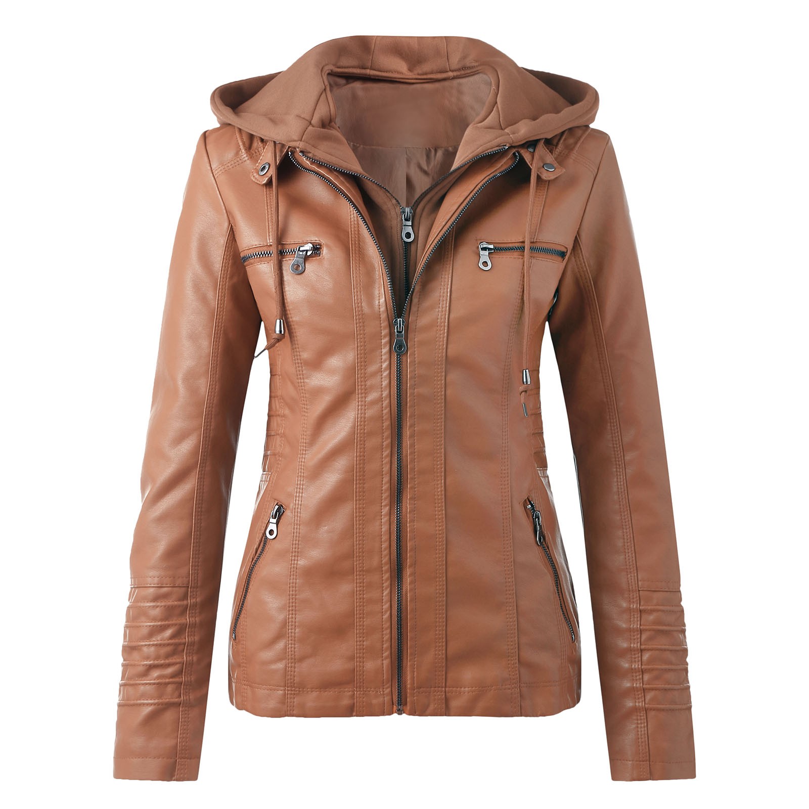 Bescita Women's Slim Leather Stand Collar Zip Motorcycle Suit Belt Coat Jacket Tops - image 1 of 5