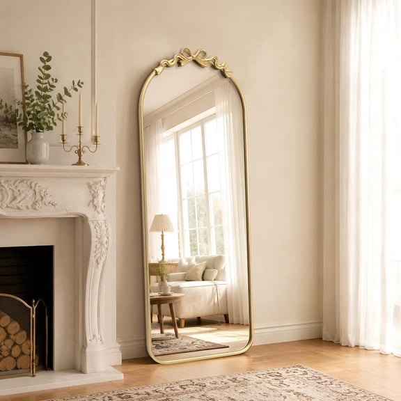 Besdomus Arched Full Length Mirror, 21"x56" Vintage Bow Gold Floor Mirror, French Antique Baroque Traditional Ornate Standing for Cloakroom, Bedroom, Entryway