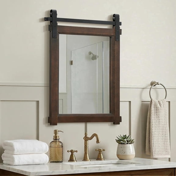 Besdomus Rustic Bathroom Wall Mirror, 22"x30" Brown Barn Door Solid Cedar Wood Frame Vanity Mirror, Farmhouse Decor for Hallway, Living Room, Entryway