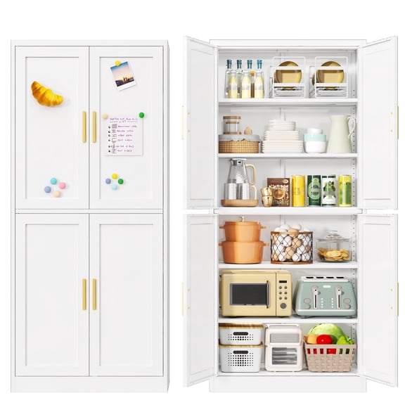 Besfur Kitchen Pantry Cabinet, Metal Pantry Storage Cabinet With 4 Door and 4 Adjustable Shelves, Tall Freestanding White Kitchen Storage Cabinet for Kitchen Dining Room Living Room