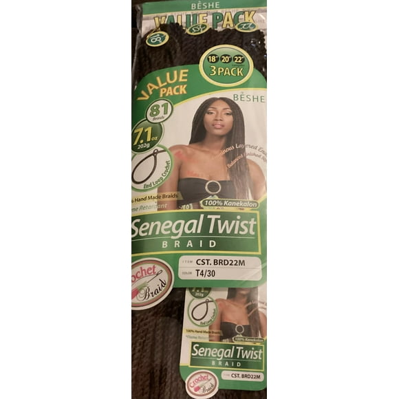 Beshe ( 3Packs ) 182022 inch Senegalese Twist Braid Crochet hair 81 braids -STYLE:CST. BRD22M Color #T4/30