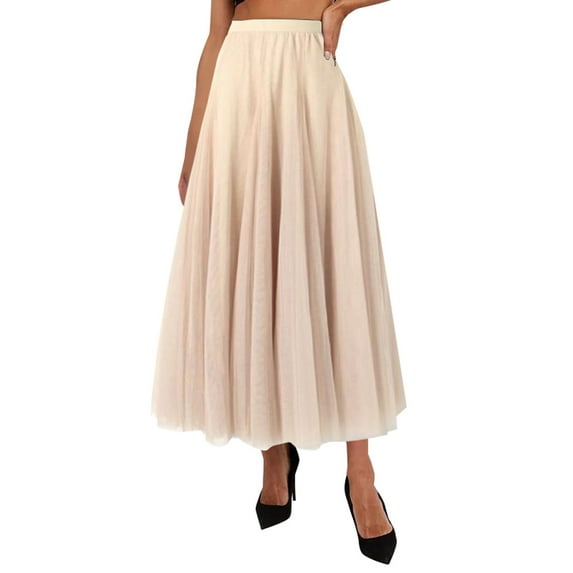 Beshee Maxi Skirt Women's Skirts Women's Pleated Skirt Mesh Skirt Fairy Skirt Mid Length Long Skirt Dance Skirt, Skirts for Women Beige XL