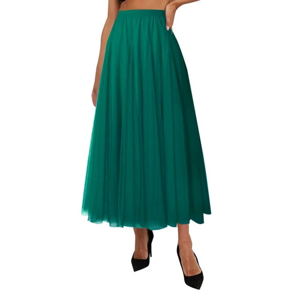 Beshee Maxi Skirt Women's Skirts Women's Pleated Skirt Mesh Skirt Fairy Skirt Mid Length Long Skirt Dance Skirt, Skirts for Women Green M