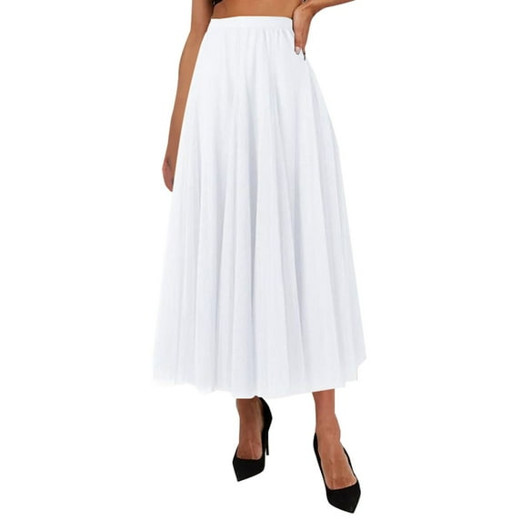 Beshee Maxi Skirt Women's Skirts Women's Pleated Skirt Mesh Skirt Fairy Skirt Mid Length Long Skirt Dance Skirt, Skirts for Women White L