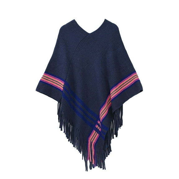 Beshee Shawl Wraps for Women Splice Poncho with Tassels Faux Plush Shawl Scarf Fringed Wraps Pashminas Sweater Pullover Cape Sweater Tassel Hem Shawl Wrap Cloak Poncho Sweaters for Women Navy