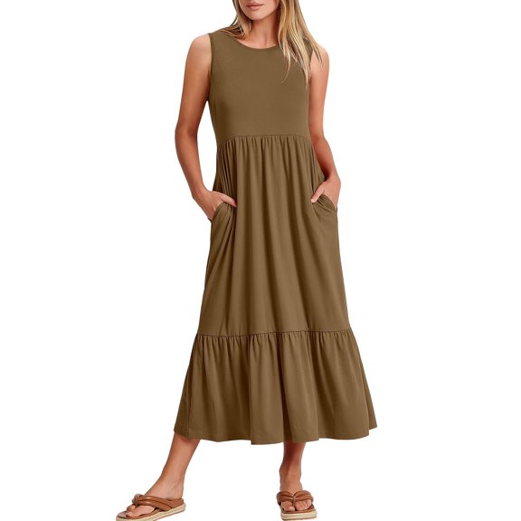 Beshee Spring Summer Dresses for Women 2024 Womens Summer Casual Sleeveless Crewneck Swing Dress Casual Flowy Tiered Maxi Beach Dress with Pockets Sundresses for Women, Womens Dresses Khaki XL