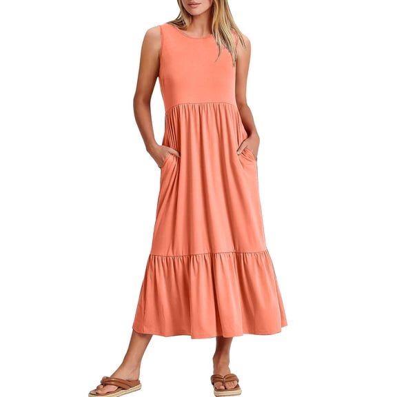 Beshee Spring Summer Dresses for Women 2024 Womens Summer Casual Sleeveless Crewneck Swing Dress Casual Flowy Tiered Maxi Beach Dress with Pockets Sundresses for Women, Womens Dresses Orange S