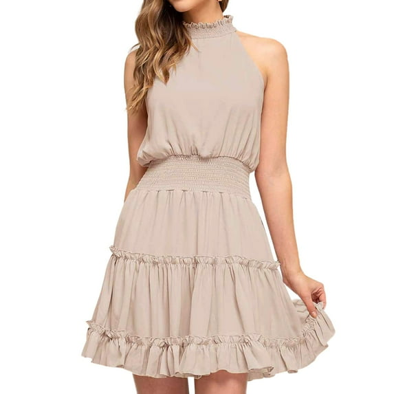 Beshee Spring Summer Dresses for Women, Womens Neck Beach Summer Solid Color Casual Sleeveless Backless Ruffle Hem Dresses Womens Dresses Khaki S