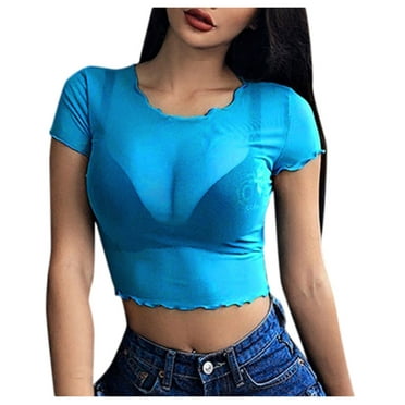Beshee Women's Sheer Mesh See-Through Short Sleeve Crop Tops Casual T Shirt Blue L