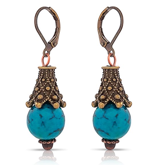 Besheek Anitque Bronze & Blue Azurite Stone Renaissance Cone Dangle Earring