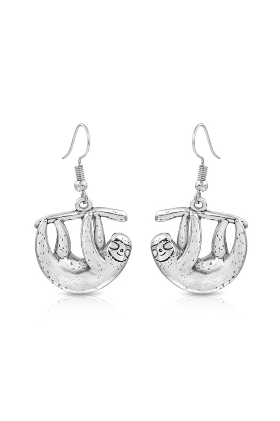 Antique Silver Sloth Boho Beach Gala Style Dangle Earrings