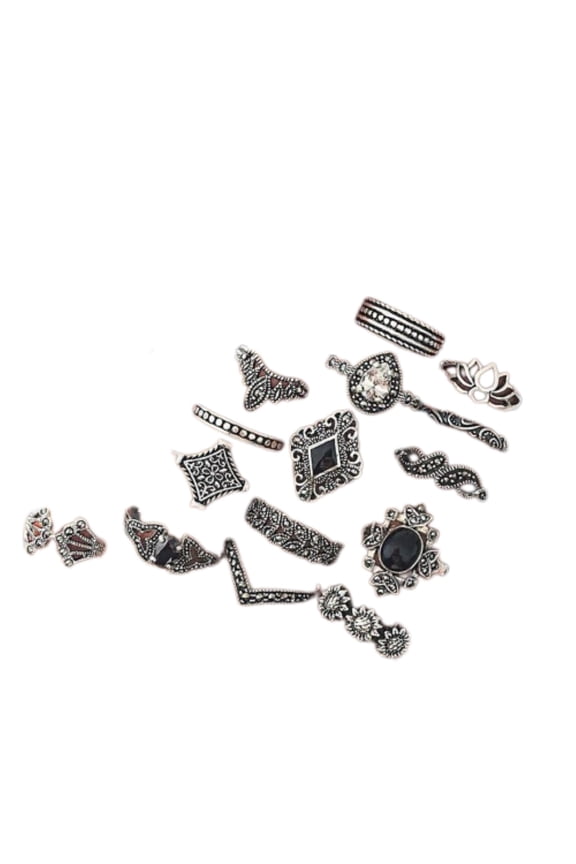 Black Crystal & Silvertone Cabochon Marquis Lotus Rings (Set of 15)