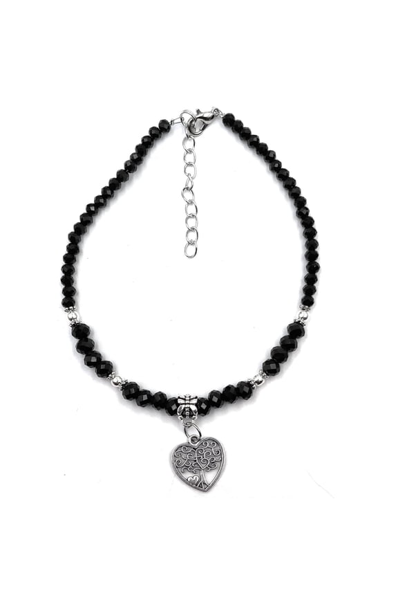 Black Crystal & Silvertone Heart Charm Adjustable Beaded Anklet