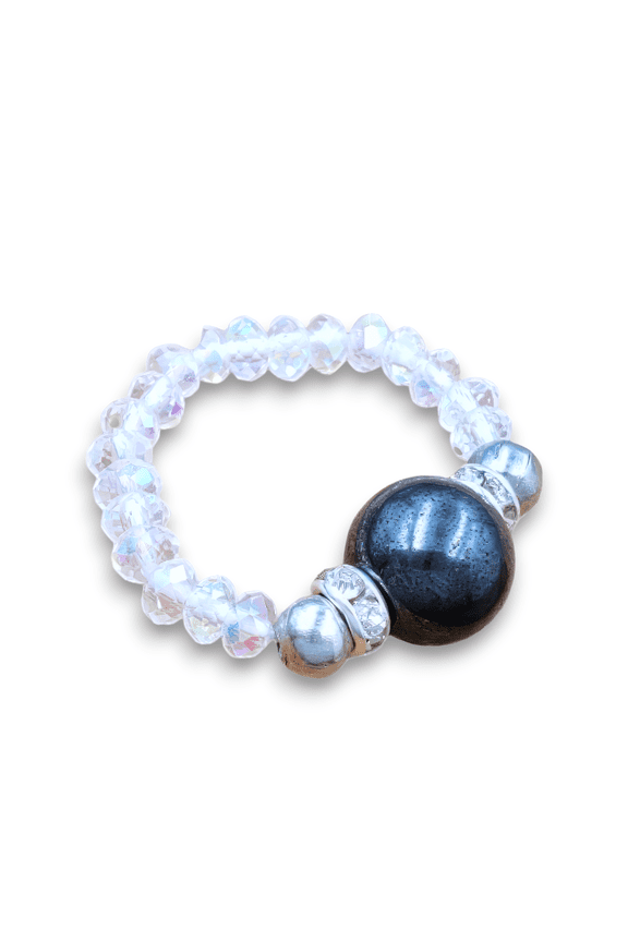 Black Hematite and Clear Crystal Boho Gala Style Stretch Toe Ring