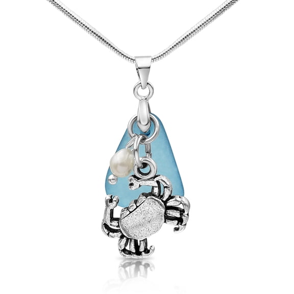 Besheek Blue Sea Glass and Crab Boho Beach Gala Style Pendant Necklace